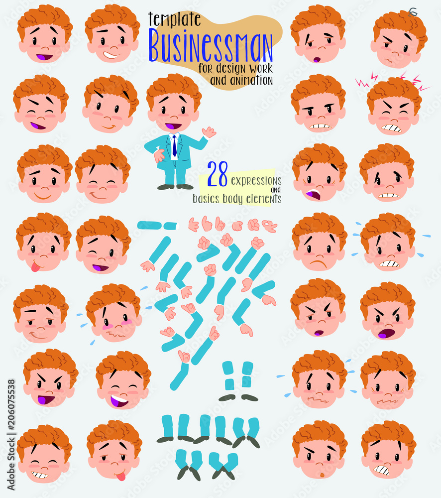 Businessman. Twenty eight expressions and basics body elements, template for design work and animation. Vector illustration to Isolated and funny cartoon character. Businessman. Twenty eight expressions and basics body elements, template for design work and animation. Vector illustration to Isolated and funny cartoon character.