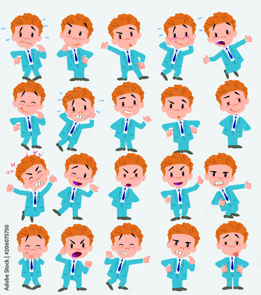 Cartoon character businessman. Set with different postures, attitudes and poses, doing different activities in isolated vector illustrations.