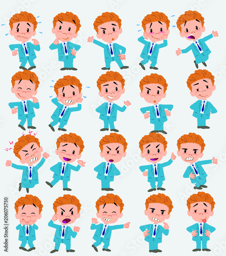 Cartoon character businessman. Set with different postures, attitudes and poses, doing different activities in isolated vector illustrations.