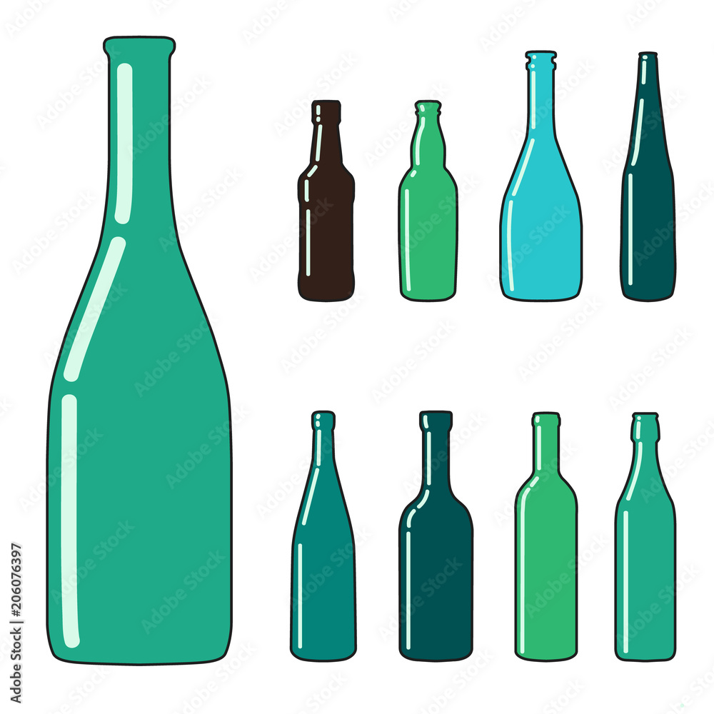 Set of glass bottles icons, cartoon style. Set of glass bottles icons, cartoon style.