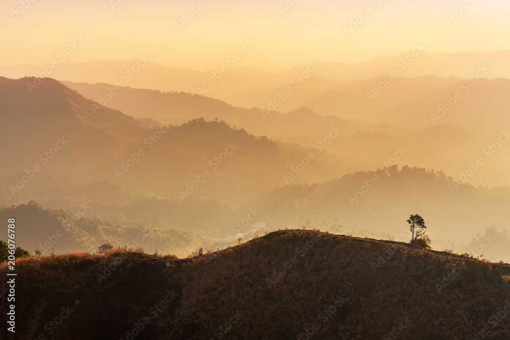 landscape view of sunset on high angle view with white fog over rainforest mountain in thailand 