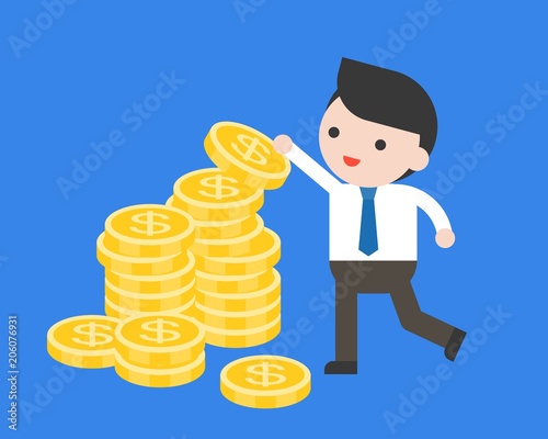 Businessman pick a coin from pile of coins, or arrange gold coin on stack of coins, flat design vector