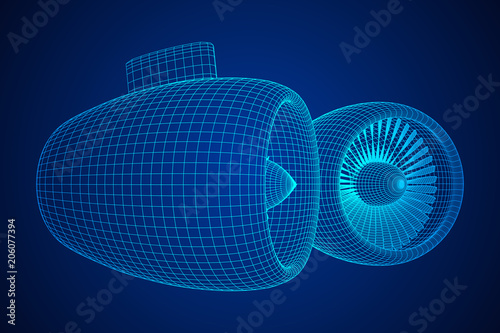 Turbo jet plane engine wireframe low poly mesh vector illustration