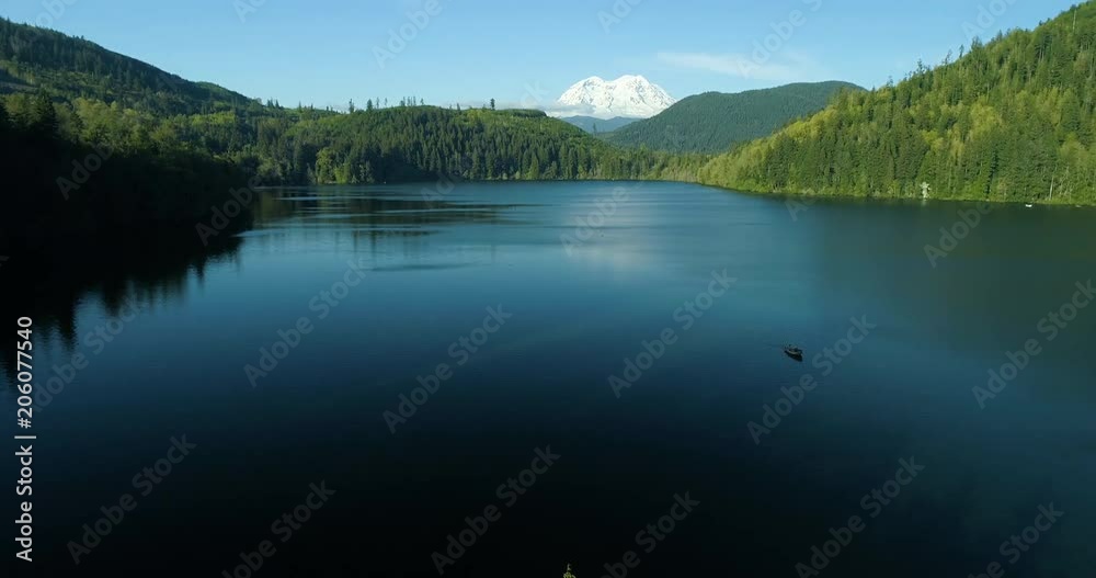 Stunning Lake View Idyllic Relaxing Sunny Day Flying Drone Aerial Towards Boat Mount Rainier Mountain Peak