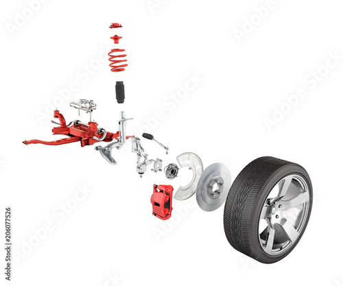 Suspension of the car in details with wheel isolated on white background 3d without shadow