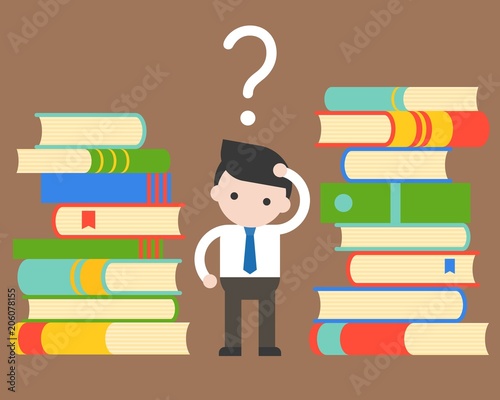 Businessman confuse between pile of books, flat design vector