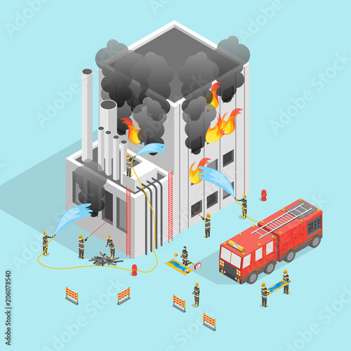 Firefighter and Building on Fire Concept 3d Isometric View. Vector