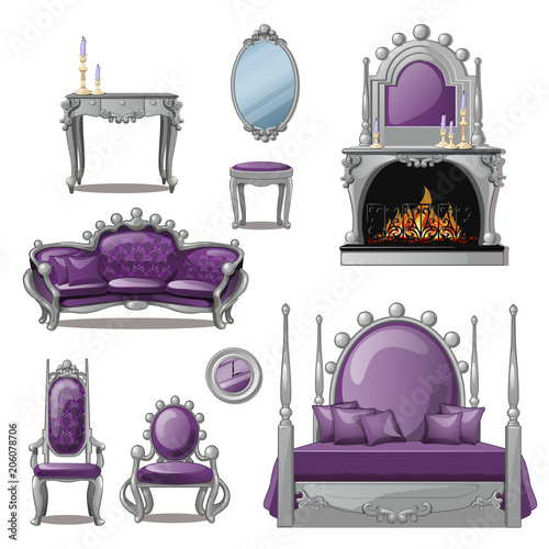 A set of furniture and accessories for living room interior in grey and purple. Vintage style. Vector illustration.