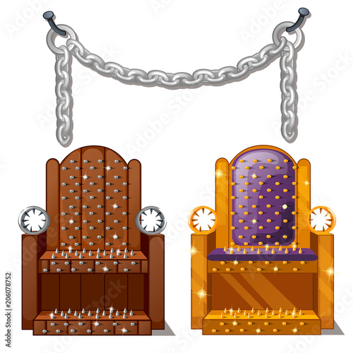 Ancient instruments of torture. Wooden chair with spikes and steel chains isolated on white background. Vector illustration.