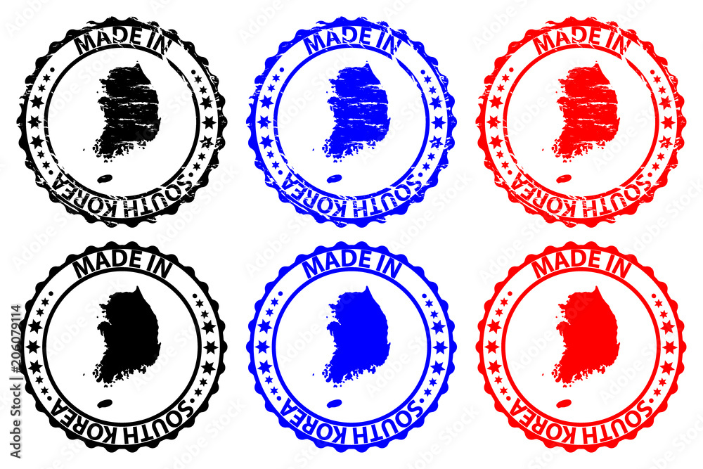 Made in South Korea - rubber stamp - vector, Republic of Korea map pattern - black, blue and red Made in South Korea - rubber stamp - vector, Republic of Korea map pattern - black, blue and red