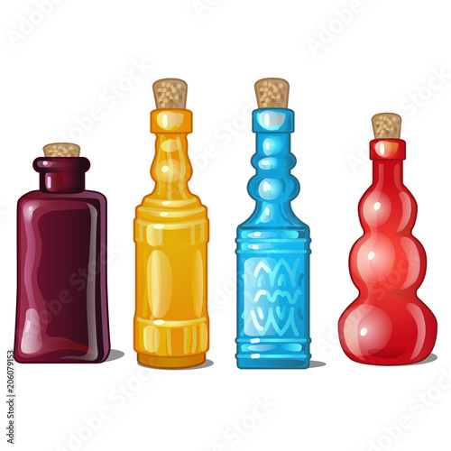 A set of notched glass colored bottles. Vector illustration.