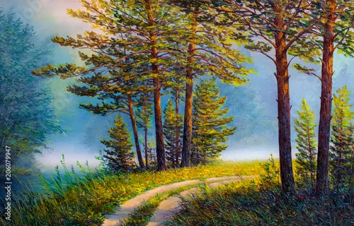 Obraz Obraz olejny pejzaż, kolorowy letni las.