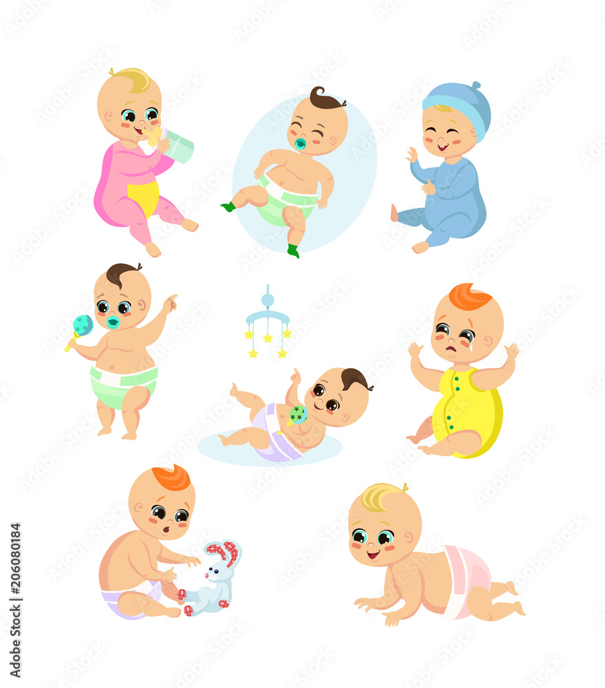 Vector illustration set of adorable baby in different position and emotions. Daily routine of happy cute kids. Baby boys and girls sleep, eat, cry and smile, play together in cartoon flat style. Vector illustration set of adorable baby in different position and emotions. Daily routine of happy cute kids. Baby boys and girls sleep, eat, cry and smile, play together in cartoon flat style.