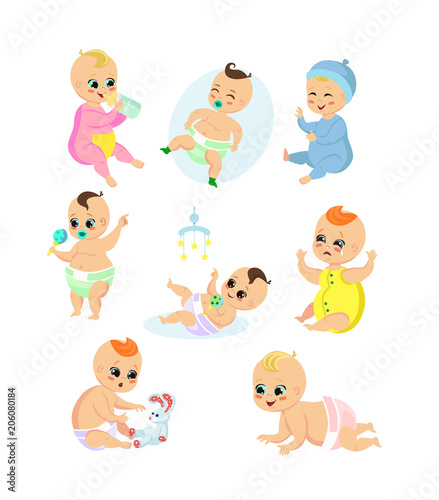 Vector illustration set of adorable baby in different position and emotions. Daily routine of happy cute kids. Baby boys and girls sleep, eat, cry and smile, play together in cartoon flat style.
