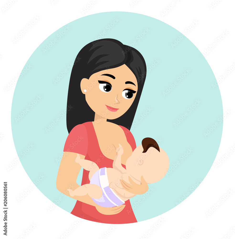 Vector illustration of mom feeding her baby, breastfeeding. Lovely colorful  characters of young mother with baby in cartoon flat style. Stock Vector |  Adobe Stock