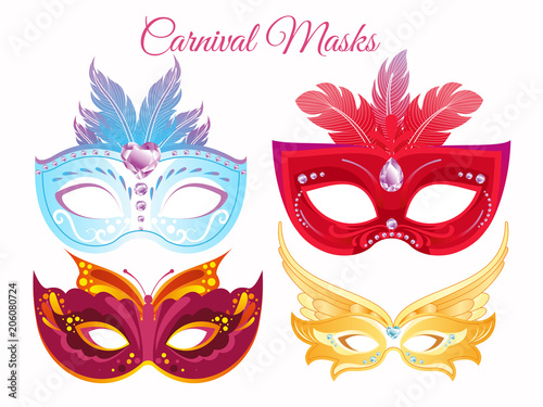 Vector illustration set venetian painted carnival facial masks. Masks for a party decorated with bright colorful feathers and rhinestones isolated on white background.