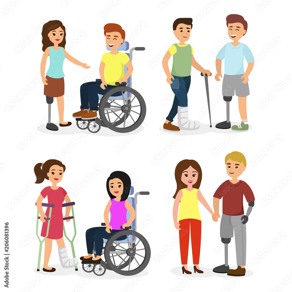 Vector illustration set of disabled people and handicapped with friends helping them, flat cartoon style. Vector illustration set of disabled people and handicapped with friends helping them, flat cartoon style.