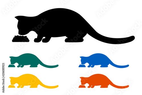 Cat eating from a bowl icon, black silhouette on white background