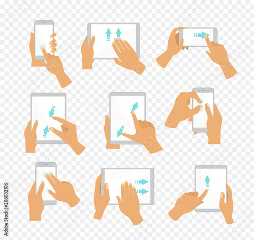 Vector illustration set of flat hand icons showing commonly used multi-touch gestures for touchscreen tablets or smartphones, fingers touch screen and move by blue color arrows showing direction of