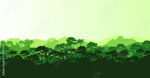 Canvas Print Vector illustration of horizontal panorama tropical rainforest in silhouette style with trees and mountains, jungle concept