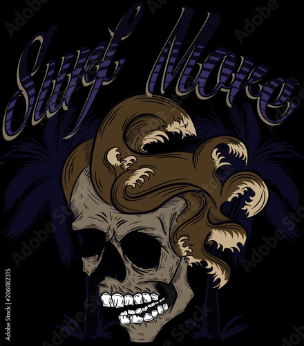 ilustracion vector de craneo con cabello en forma de olas y textos en la parte superior