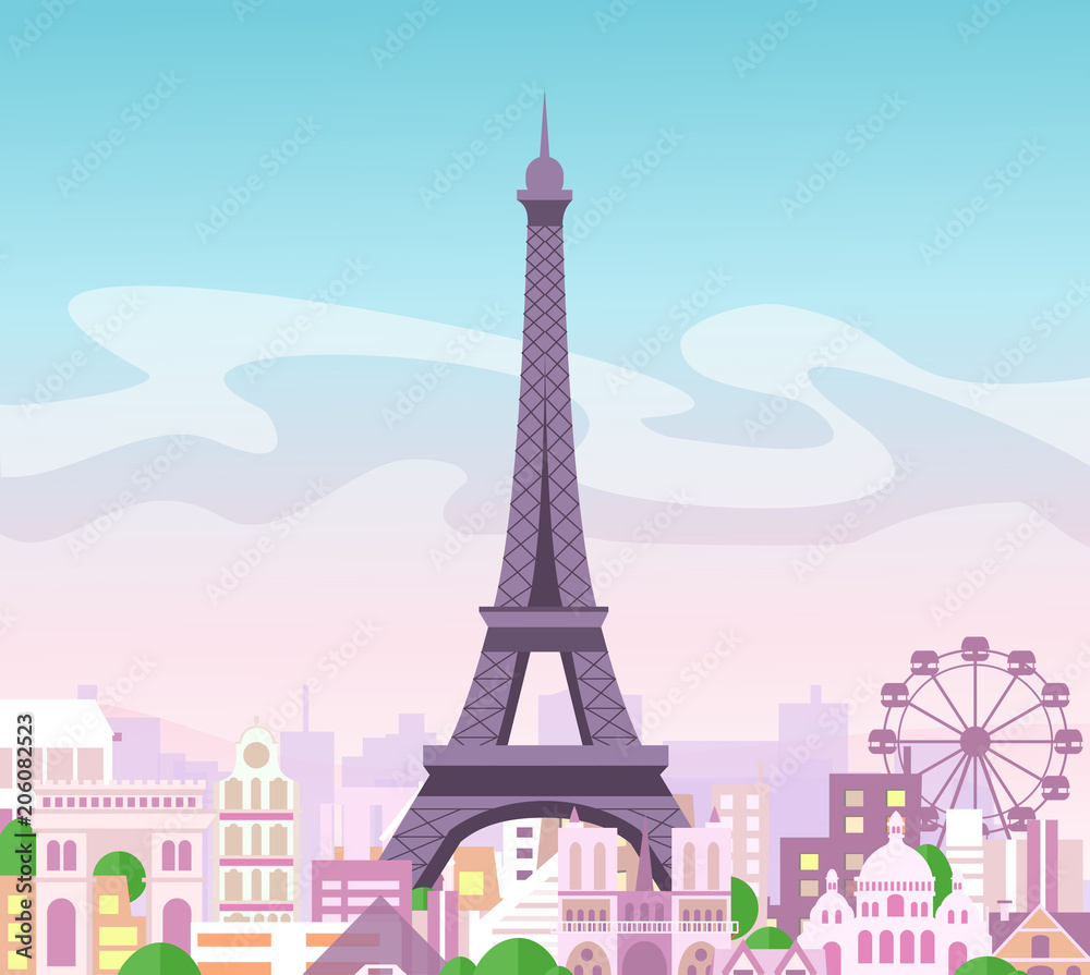Vector illustration of beautiful skyline city view with buildings and trees in pastel colors. Symbol of Paris in flat cute style with city and Eiffel tower, France. - obrazy, fototapety, plakaty 