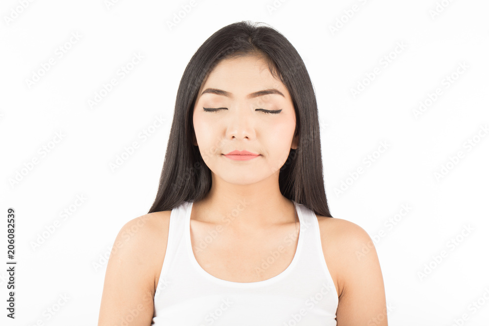 Beautiful Attractive Asian young woman with black hair close her eyes feeling so relax and happiness,Isolated on white background,Beauty concept Beautiful Attractive Asian young woman with black hair close her eyes feeling so relax and happiness,Isolated on white background,Beauty concept