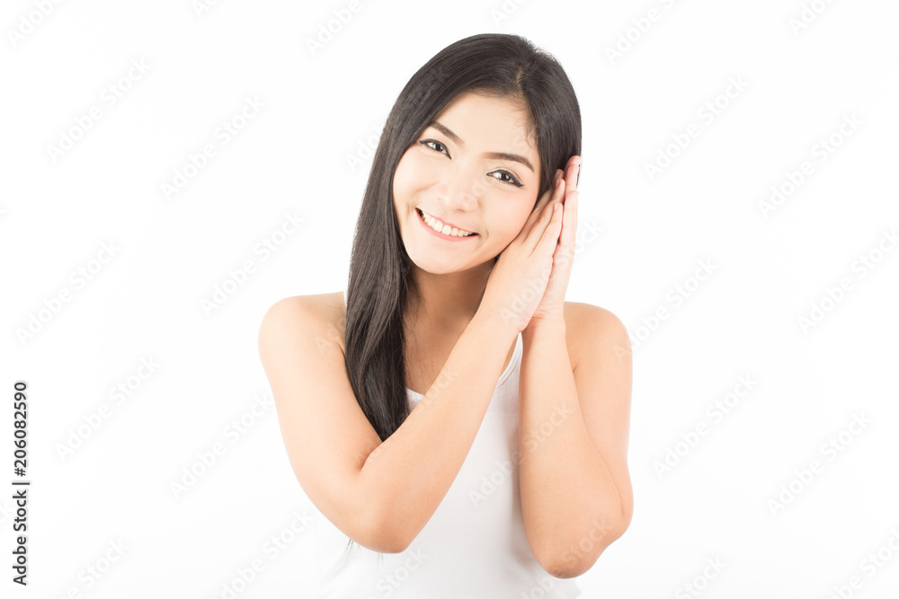 Beautiful Attractive Asian woman smile and making sleep sign feeling so relax and comfortable,Isolated on white background,Healthcare Concept Beautiful Attractive Asian woman smile and making sleep sign feeling so relax and comfortable,Isolated on white background,Healthcare Concept