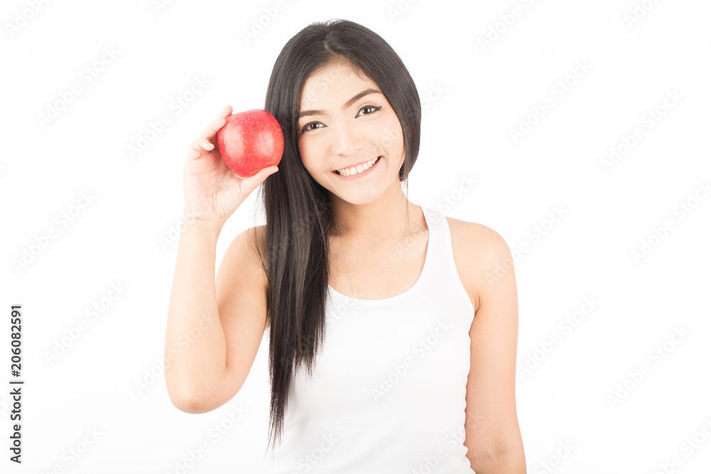 Beautiful Attractive Asian woman with smooth hair smile and showing red apple feeling so happiness with healthy skin,Isolated on white background,Healthy Concept Beautiful Attractive Asian woman with smooth hair smile and showing red apple feeling so happiness with healthy skin,Isolated on white background,Healthy Concept