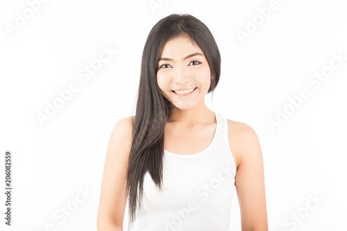 Beautiful Attractive Asian woman smile and feeling so confident and happiness with Healthy Skin,Isolated on white background,Beauty Concept