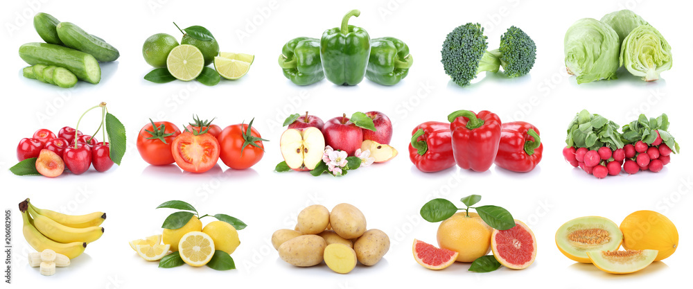 Obst und Gemüse Früchte Apfel Tomaten Zitronen Salat Farben Collage Freisteller freigestellt isoliert Obst und Gemüse Früchte Apfel Tomaten Zitronen Salat Farben Collage Freisteller freigestellt isoliert