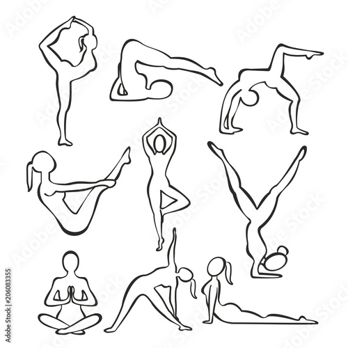 Vector illustration set of contour silhouettes of slim girl practicing yoga positions, line shapes of woman doing yoga, fitness workout concept.
