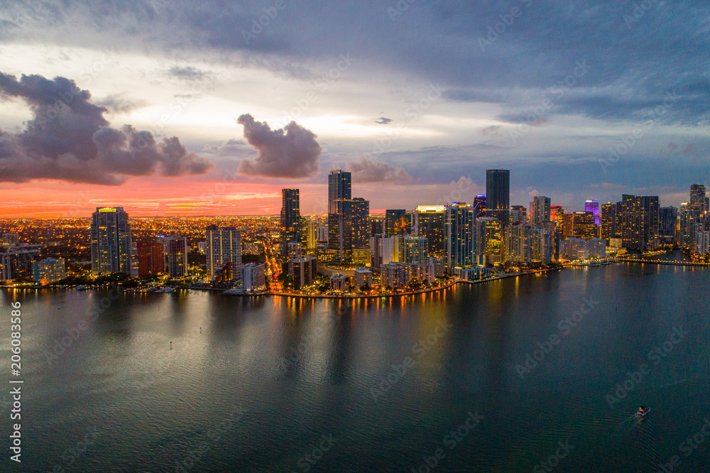 Brickell Miami after sunset aerial view