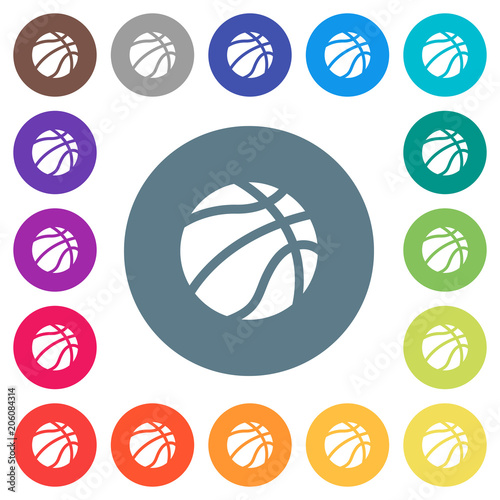 Basketball flat white icons on round color backgrounds