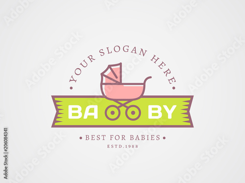 Pram logo. Vector emblem with a baby stroller.