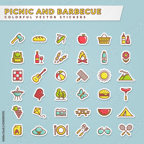 Picnic and barbecue colorful sticker icons.