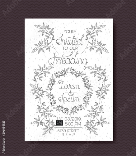 wedding and married invitation card with circular wreath vector illustration