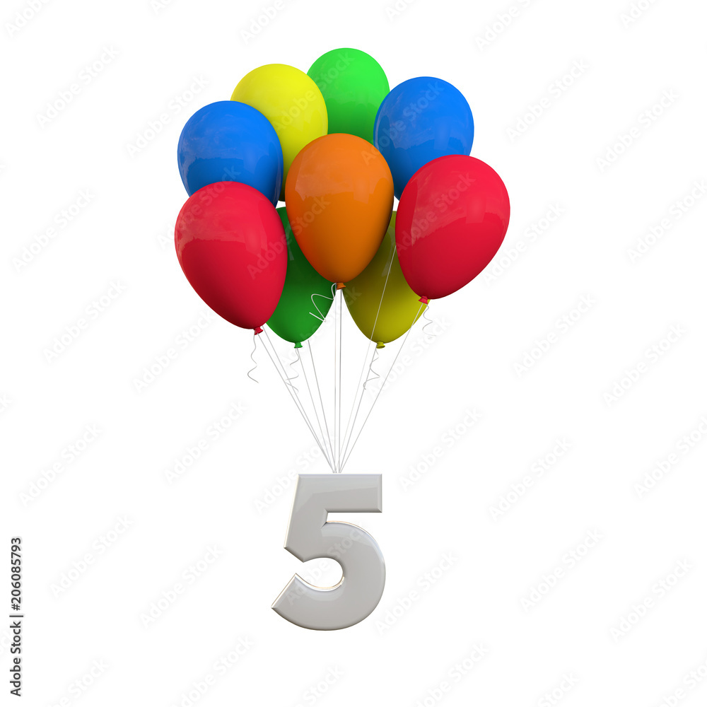 Number 5 party celebration. Number attached to a bunch of balloons. 3D Rendering Number 5 party celebration. Number attached to a bunch of balloons. 3D Rendering