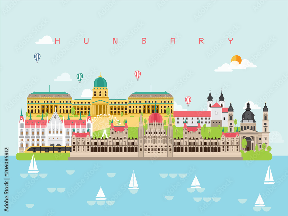Hungary Famous Landmarks Infographic Templates for Traveling Minimal Style and Icon, Symbol Set Vector Illustration Can be use for Poster Travel book, Postcard, Billboard