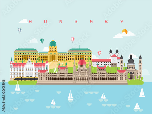 Hungary Famous Landmarks Infographic Templates for Traveling Minimal Style and Icon, Symbol Set Vector Illustration Can be use for Poster Travel book, Postcard, Billboard