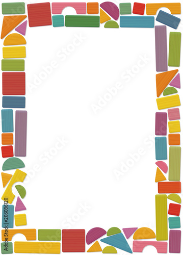 Building toy blocks, vertical frame - colored set, loosely arranged with bricks, roofs, spires, pillars and archs - all parts with wooden texture. Isolated vector illustration on white background.