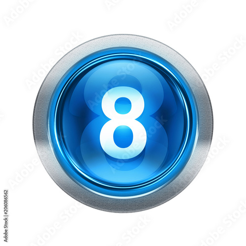 Number eight icon blue with metallic edging. Isolated on white background.