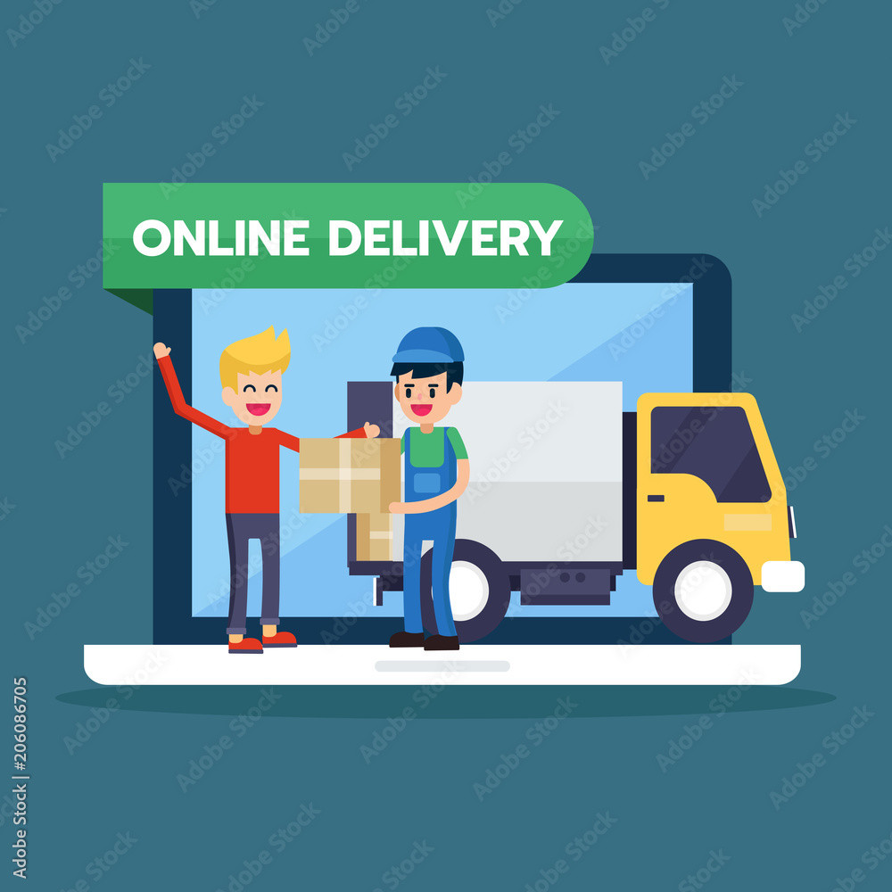 Fast delivery service man worker and van car, sent order box form shopping online via computer laptop to happy young man. Vector illustration Fast delivery service man worker and van car, sent order box form shopping online via computer laptop to happy young man. Vector illustration