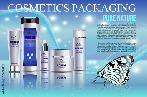 Vector cosmetics template with shower gel, creme tube, and creme box soap in blue color with butterfly