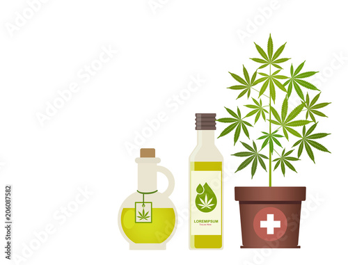 Marijuana plant and cannabis oil. Hemp oil in a jar. CBD oil hemp products. Oil glass bottle mock up. Packaging product label and logo graphic template. Vector illustration with copy space.