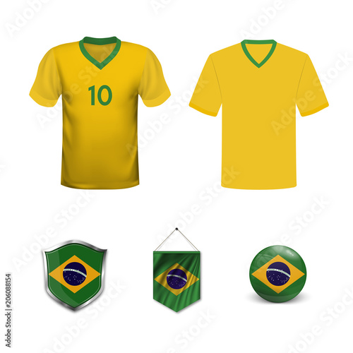 Set of T-shirts and flags of the national team of Brazil. Vector illustration. photo