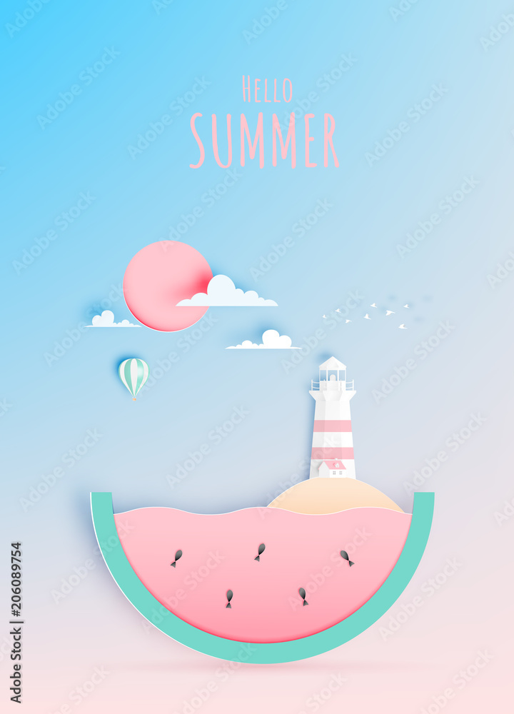 Hello summer concept art in paper art style with pastel color scheme ...