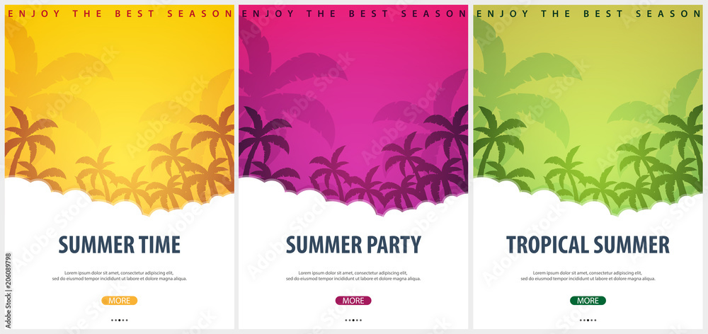 Summer Tropical backgrounds set with palms. Summer placard poster flyer invitation card. Summer time. Vector Illustration - obrazy, fototapety, plakaty 