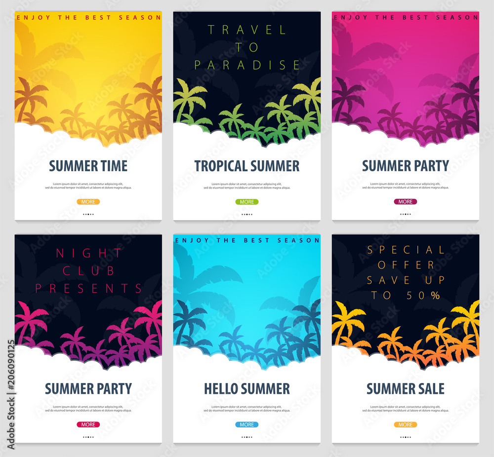 Summer Tropical backgrounds set with palms. Summer placard poster flyer invitation card. Summer time. Vector Illustration