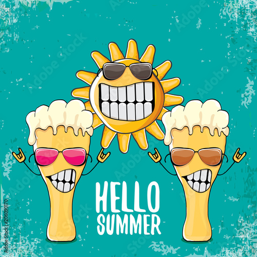 vector cartoon funky beer glass character and summer sun isolated on azure background. Hello summer text and funky beer concept illustration. Funny cartoon smiling friends.